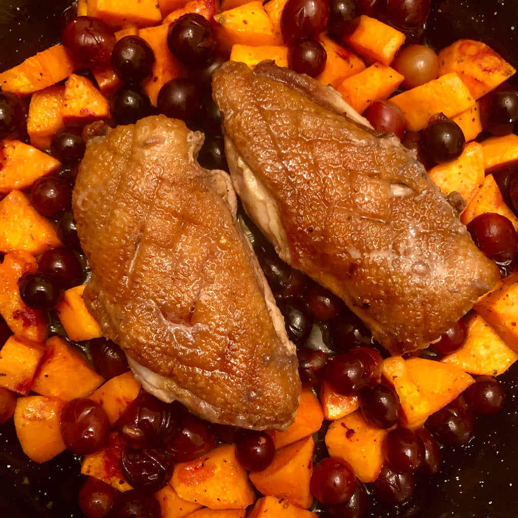 Crispy Duck Breast with Kumara & Grapes
